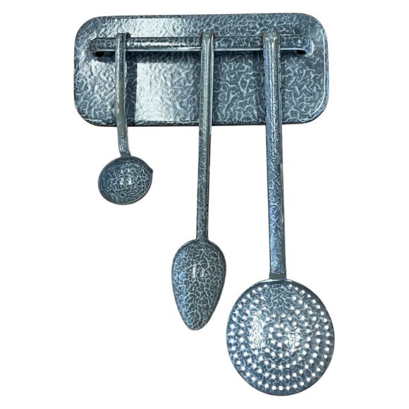 Gray Graniteware Wall Utensil Holder with Utensils Vintage Farmhouse Ladle Spoon - Picture 2 of 7